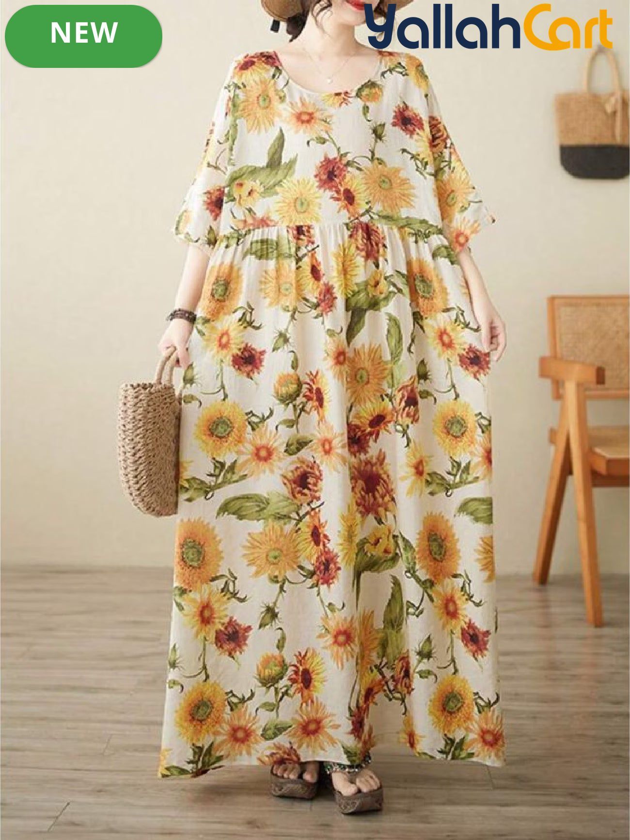 Women’s Elegant Yellow Sunflower Bohemian Summer Dress – Casual Holiday Beach Dress