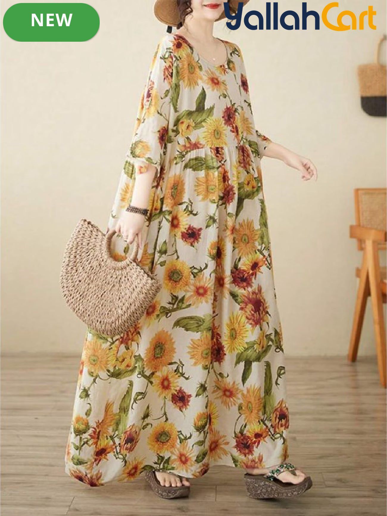 Women’s Elegant Yellow Sunflower Bohemian Summer Dress – Casual Holiday Beach Dress