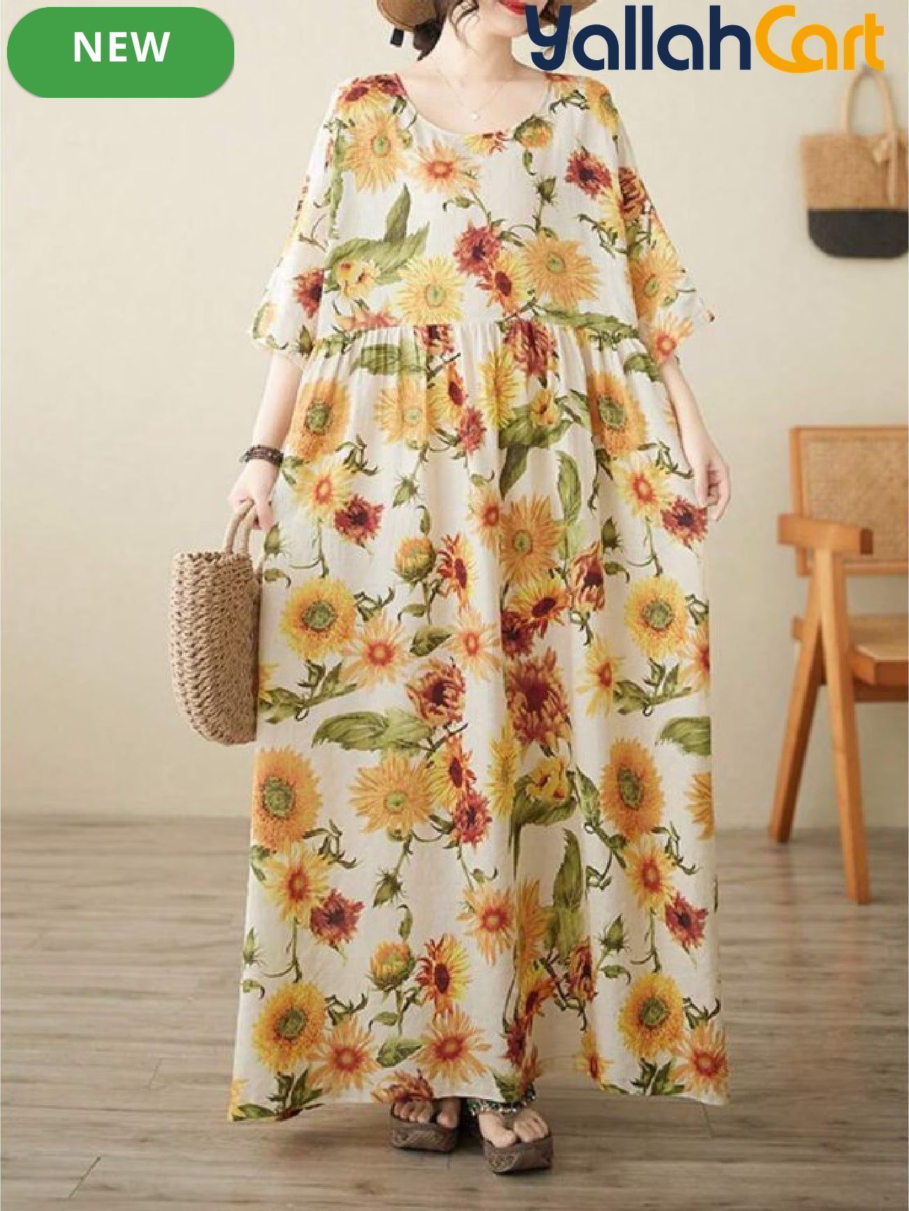 Women’s Elegant Yellow Sunflower Bohemian Summer Dress – Casual Holiday Beach Dress