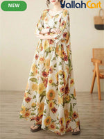 Women’s Elegant Yellow Sunflower Bohemian Summer Dress – Casual Holiday Beach Dress
