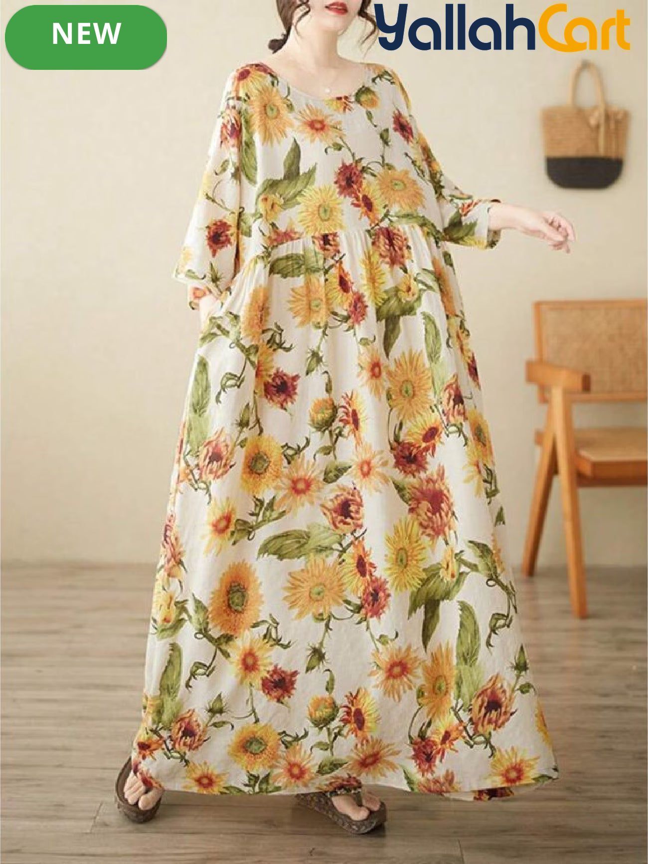 Women’s Elegant Yellow Sunflower Bohemian Summer Dress – Casual Holiday Beach Dress