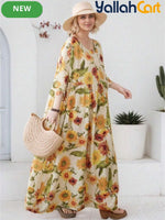 Women’s Elegant Yellow Sunflower Bohemian Summer Dress – Casual Holiday Beach Dress