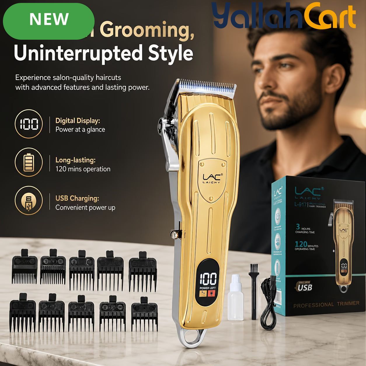 Cordless Hair Clippers with LED Power Display – Golden