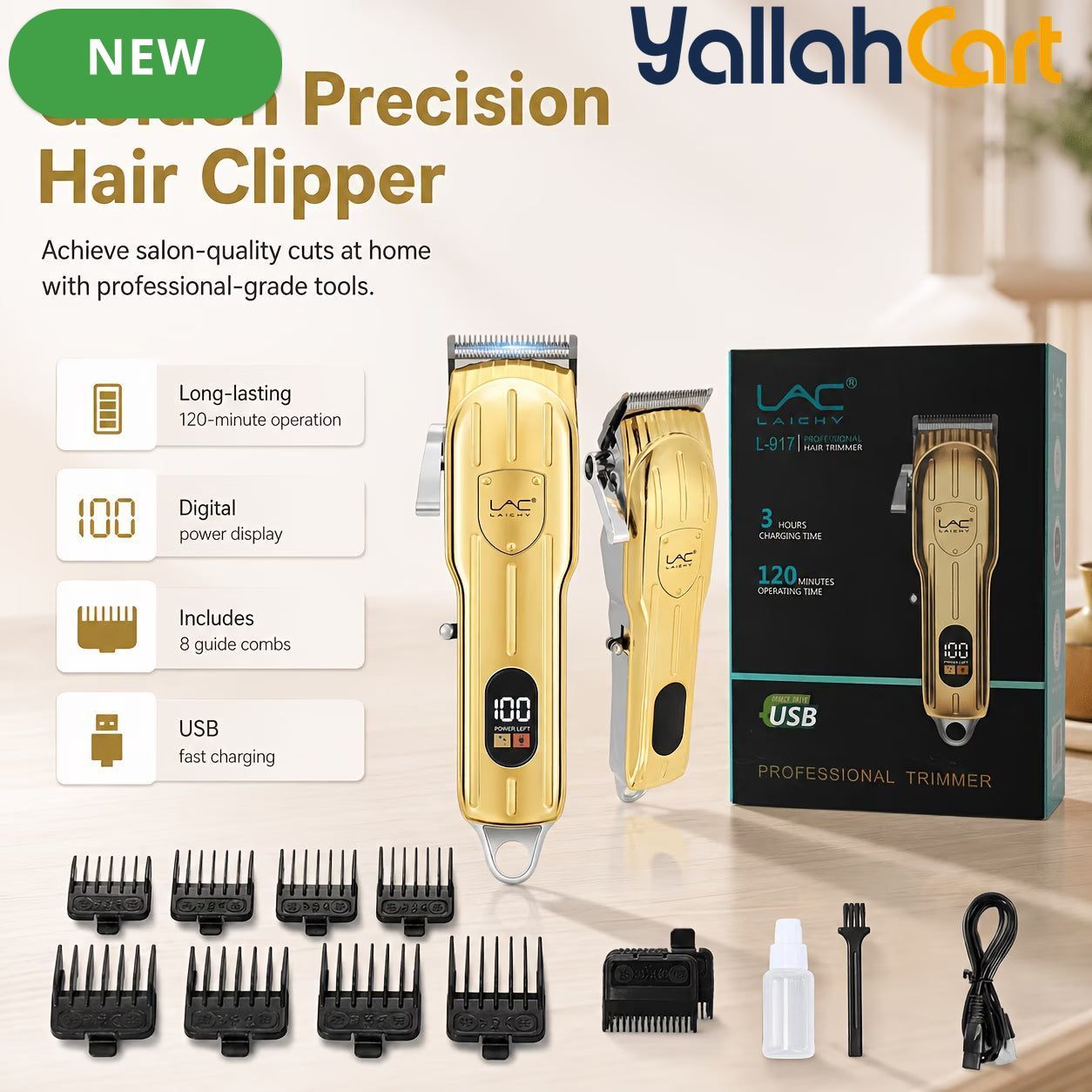 Cordless Hair Clippers with LED Power Display – Golden