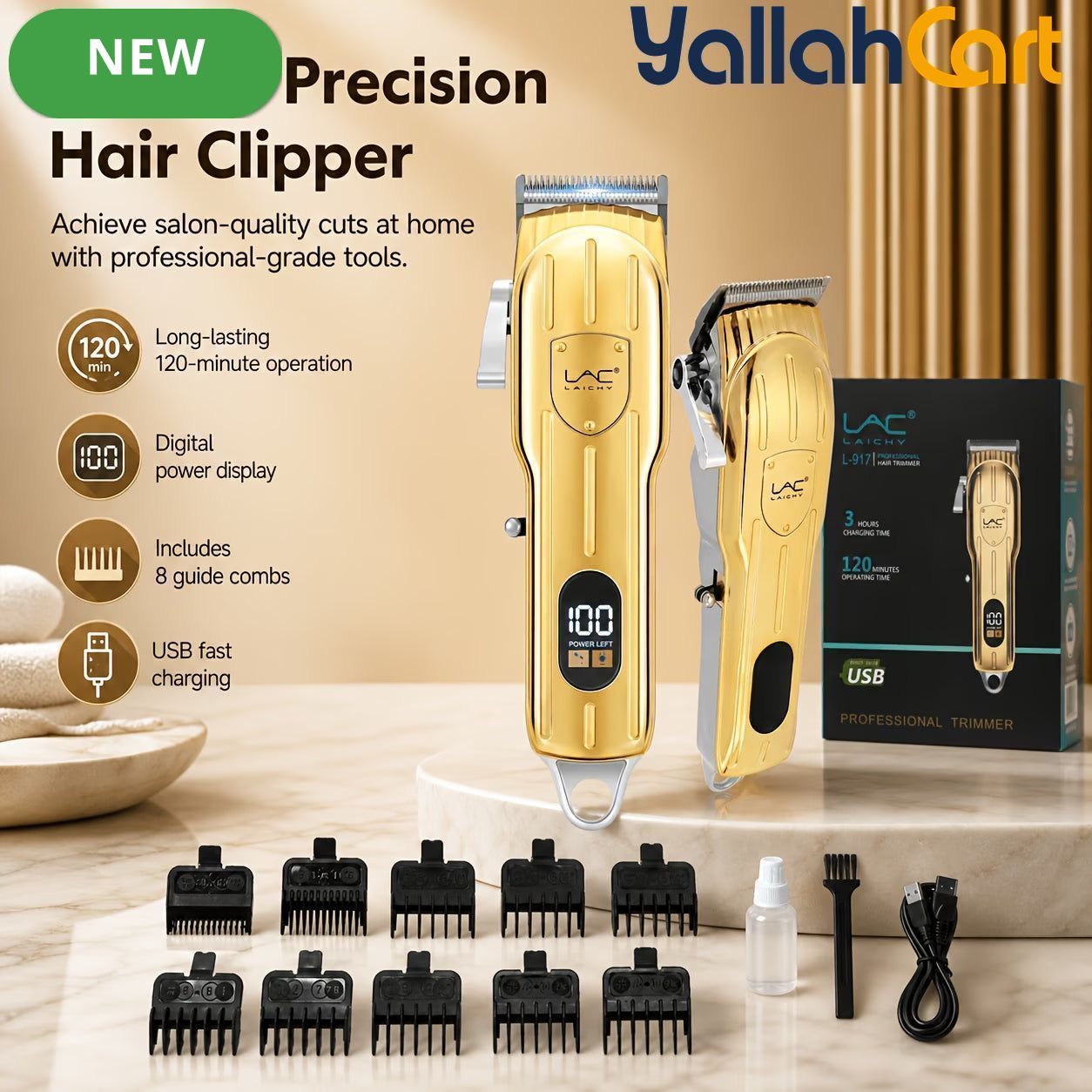 Cordless Hair Clippers with LED Power Display – Golden