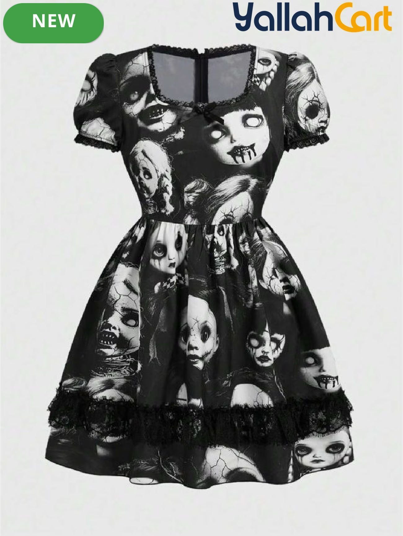 Gothic Short Dress with Doll Print – Black Satin & Lace