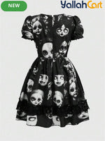 Gothic Short Dress with Doll Print – Black Satin & Lace