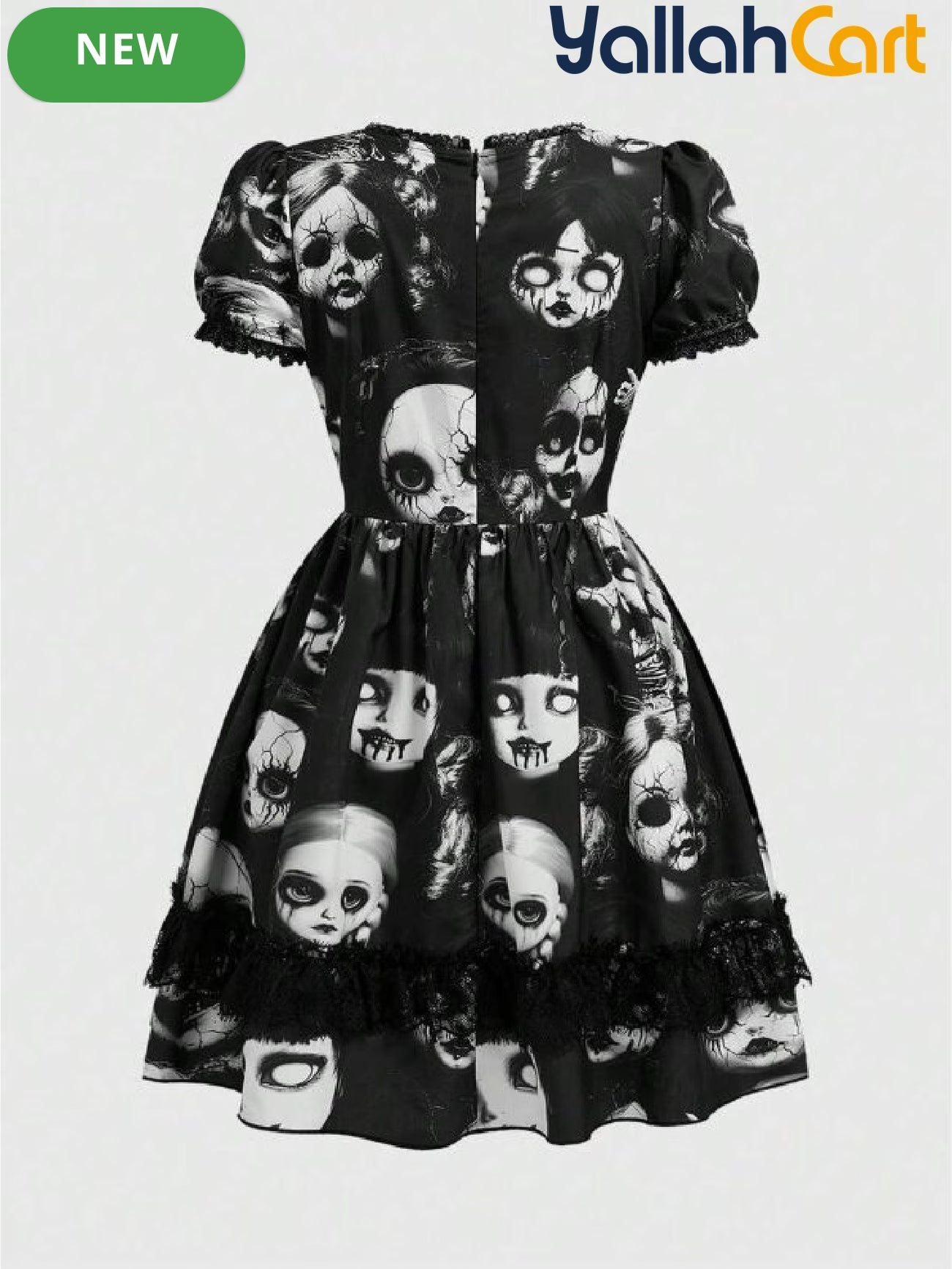 Gothic Short Dress with Doll Print – Black Satin & Lace