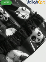 Gothic Short Dress with Doll Print – Black Satin & Lace