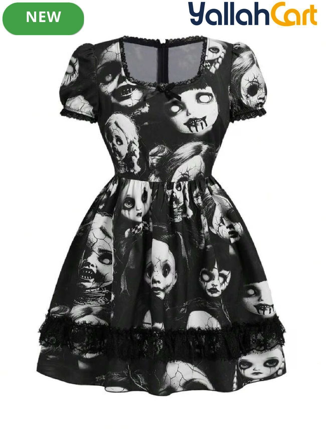 Gothic Short Dress with Doll Print – Black Satin & Lace