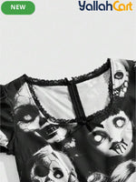 Gothic Short Dress with Doll Print – Black Satin & Lace