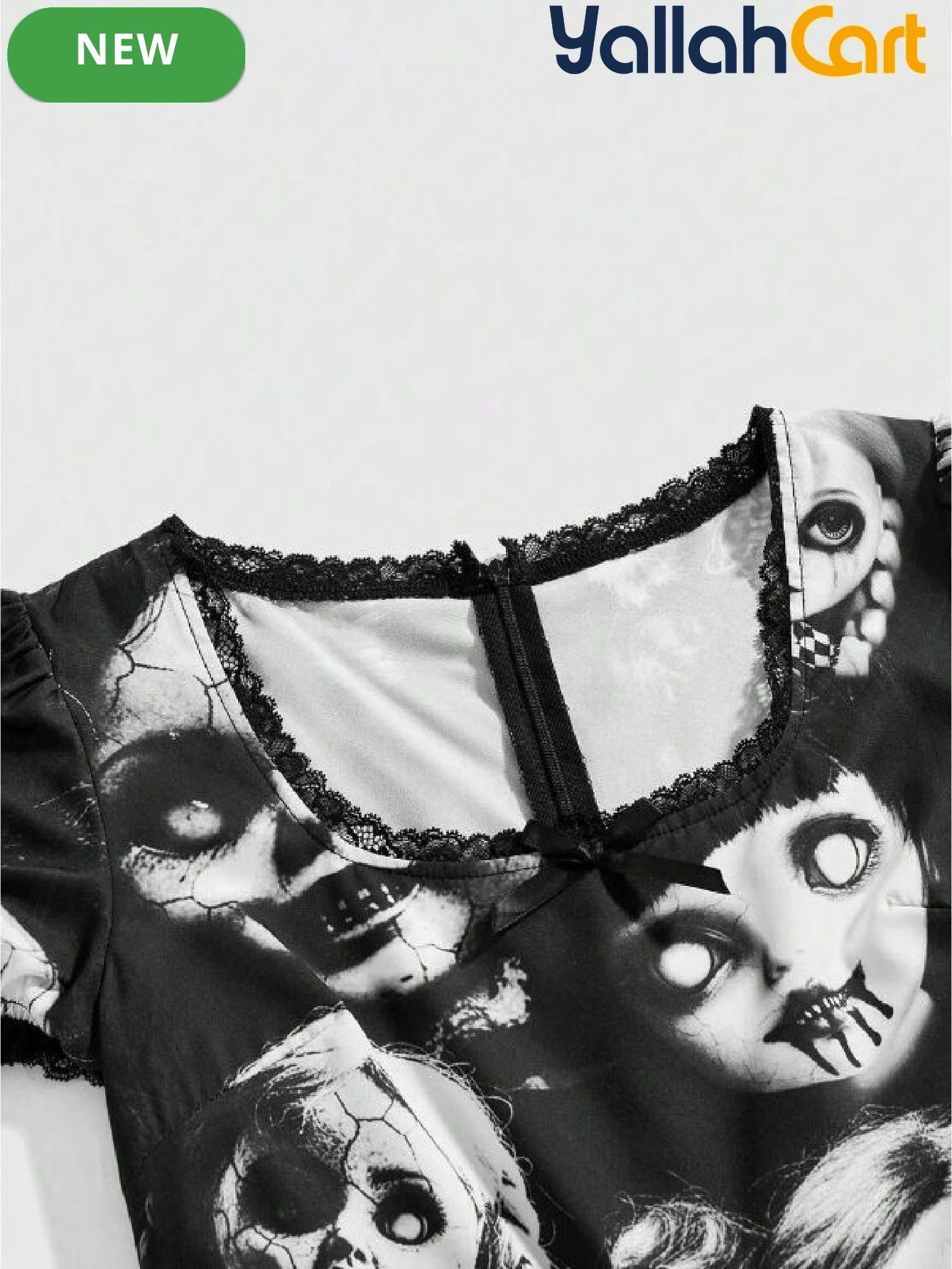 Gothic Short Dress with Doll Print – Black Satin & Lace