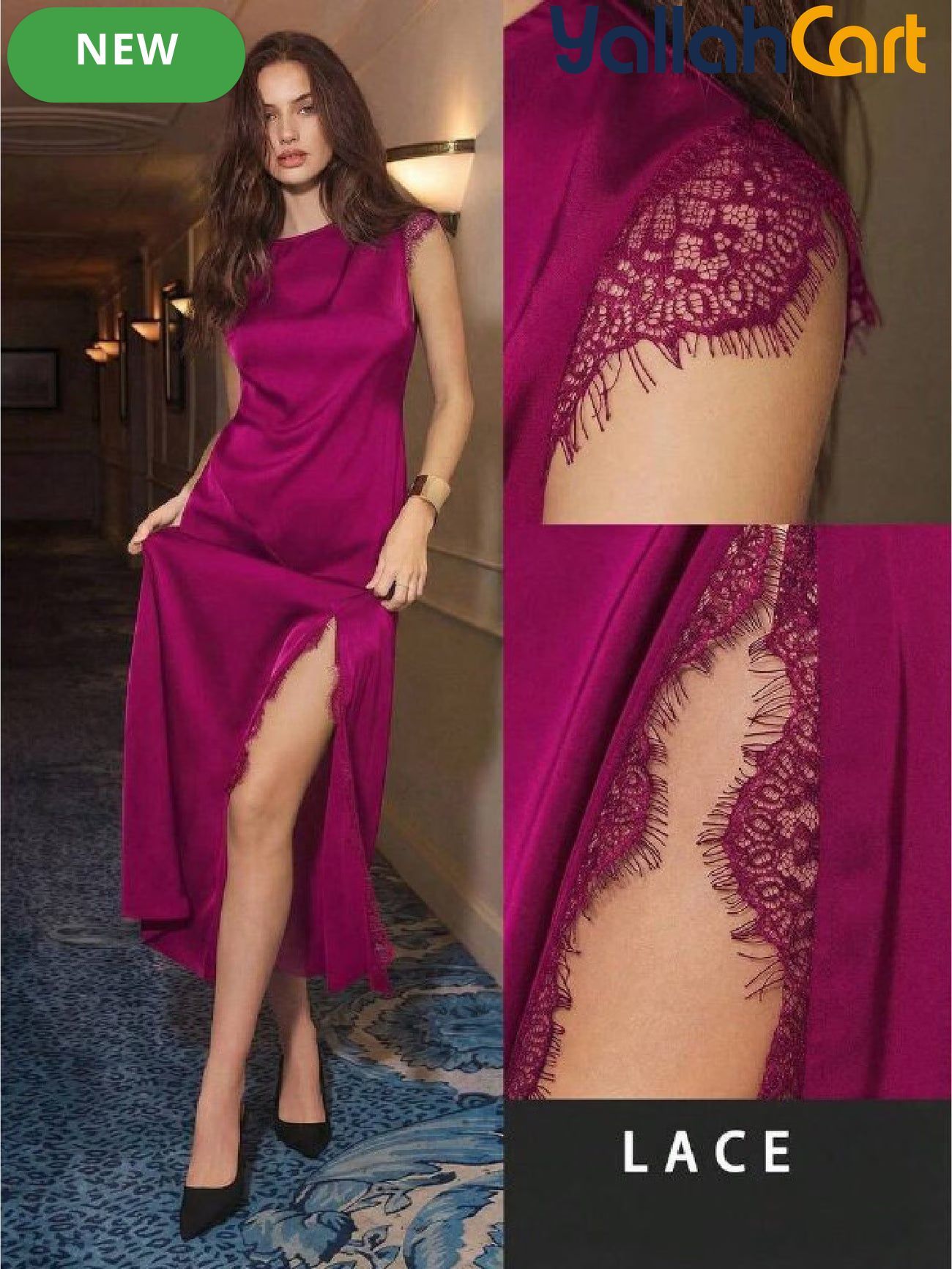Women’s Black Lace Patchwork High-Slit Dress