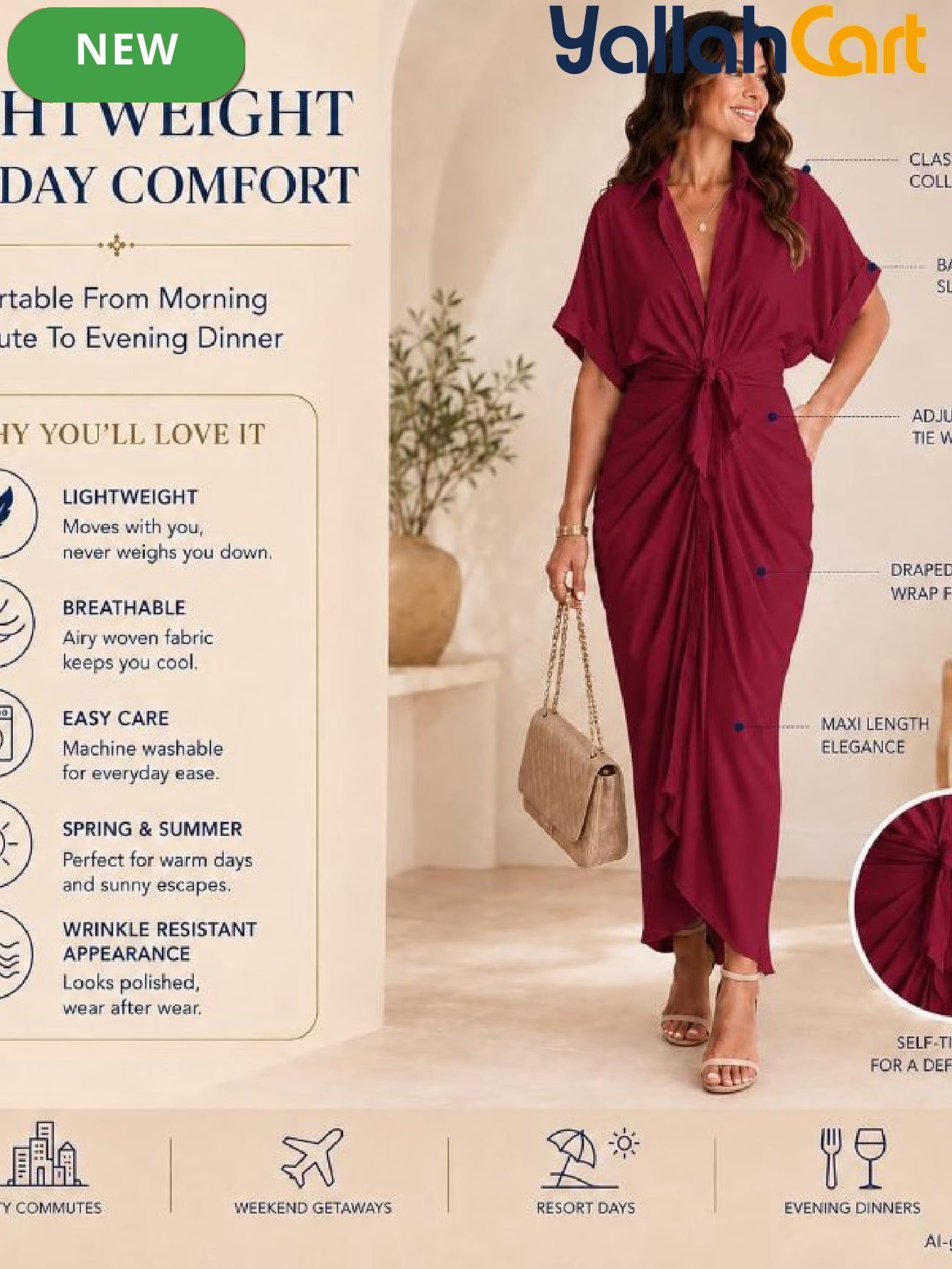 Women’s Collared Shirt Dress – Tie Waist Maxi Button-Front Dress