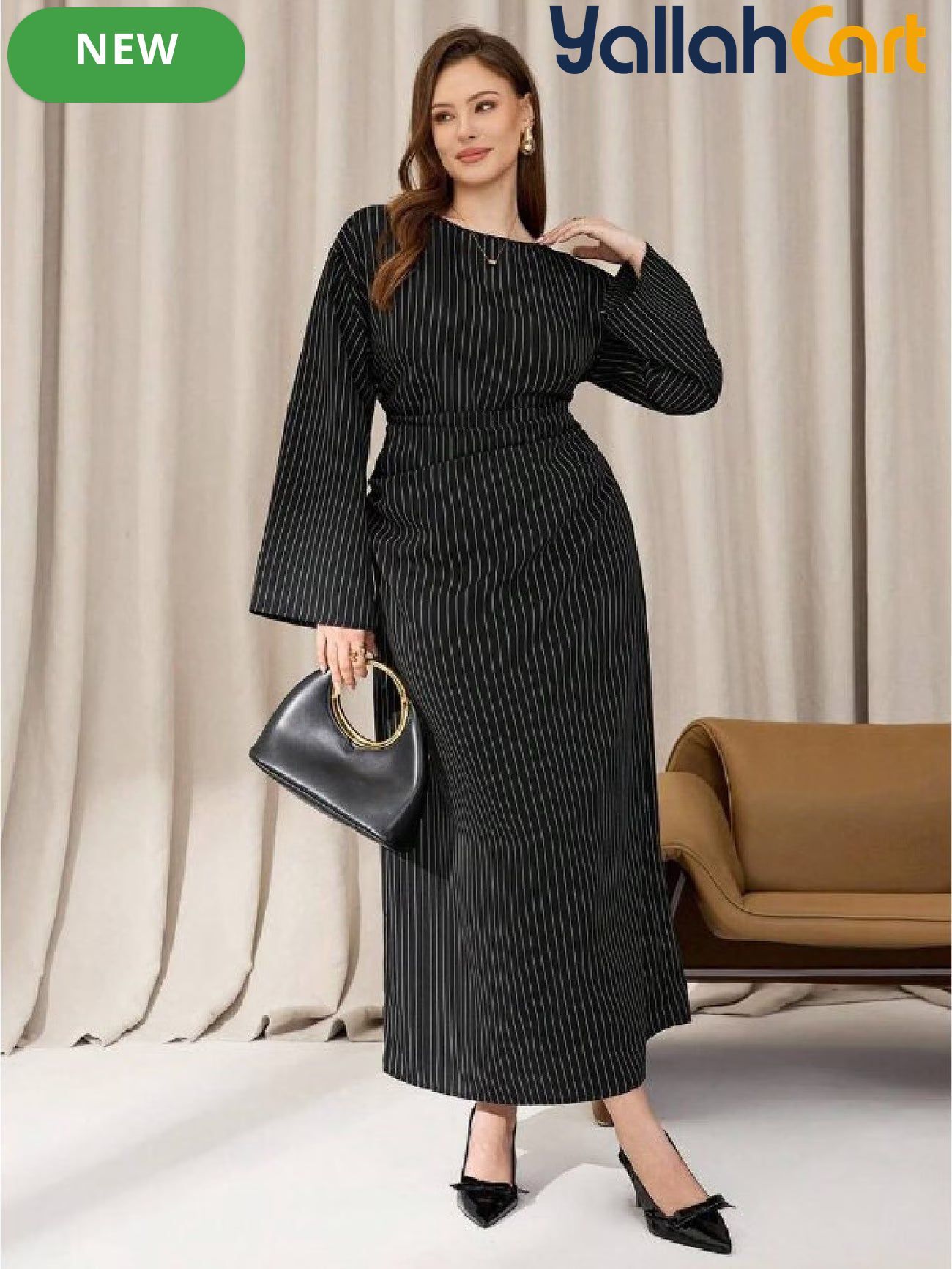 Plus Size Women’s Black Casual Dress – Flare Sleeve Autumn Office Dress