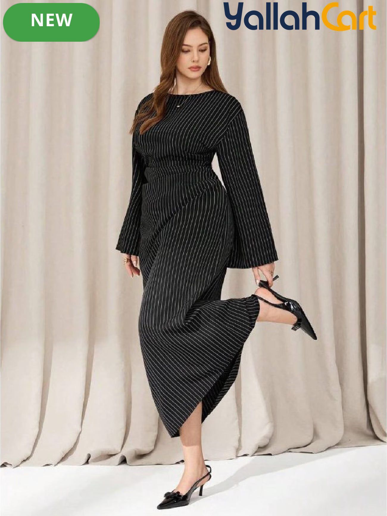 Plus Size Women’s Black Casual Dress – Flare Sleeve Autumn Office Dress