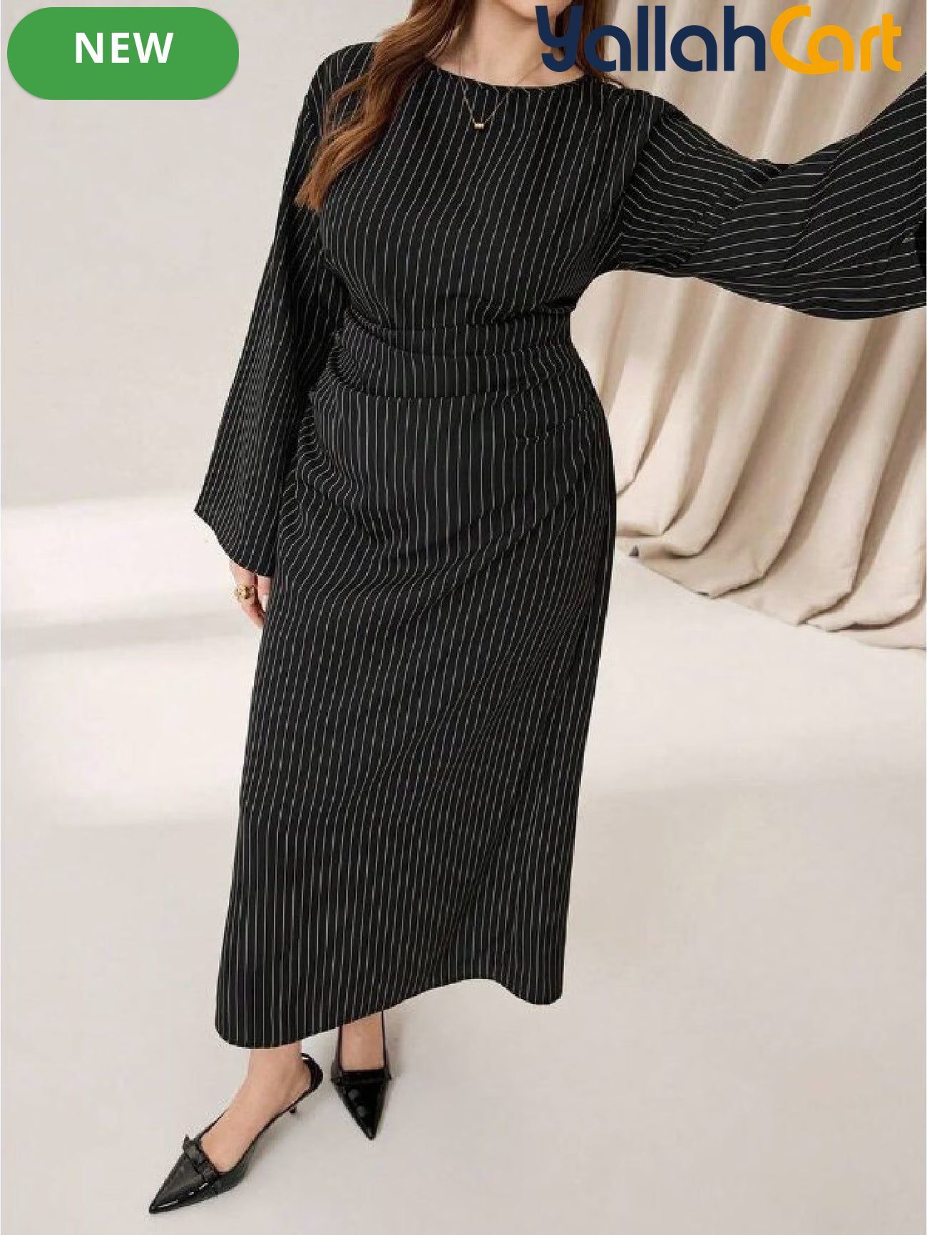 Plus Size Women’s Black Casual Dress – Flare Sleeve Autumn Office Dress