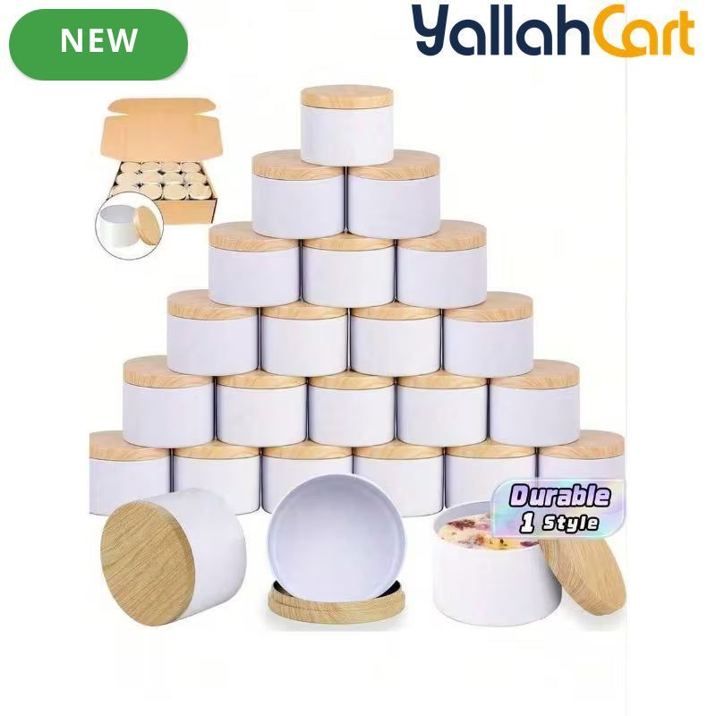 12-Piece Metal Candle Jars with Wood-Texture Lids – 4/8 oz Candle Making & Storage Containers