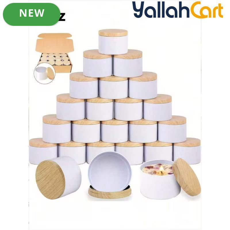 12-Piece Metal Candle Jars with Wood-Texture Lids – 4/8 oz Candle Making & Storage Containers