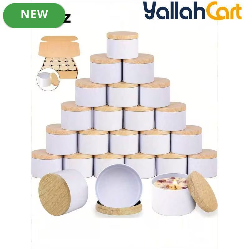 12-Piece Metal Candle Jars with Wood-Texture Lids – 4/8 oz Candle Making & Storage Containers