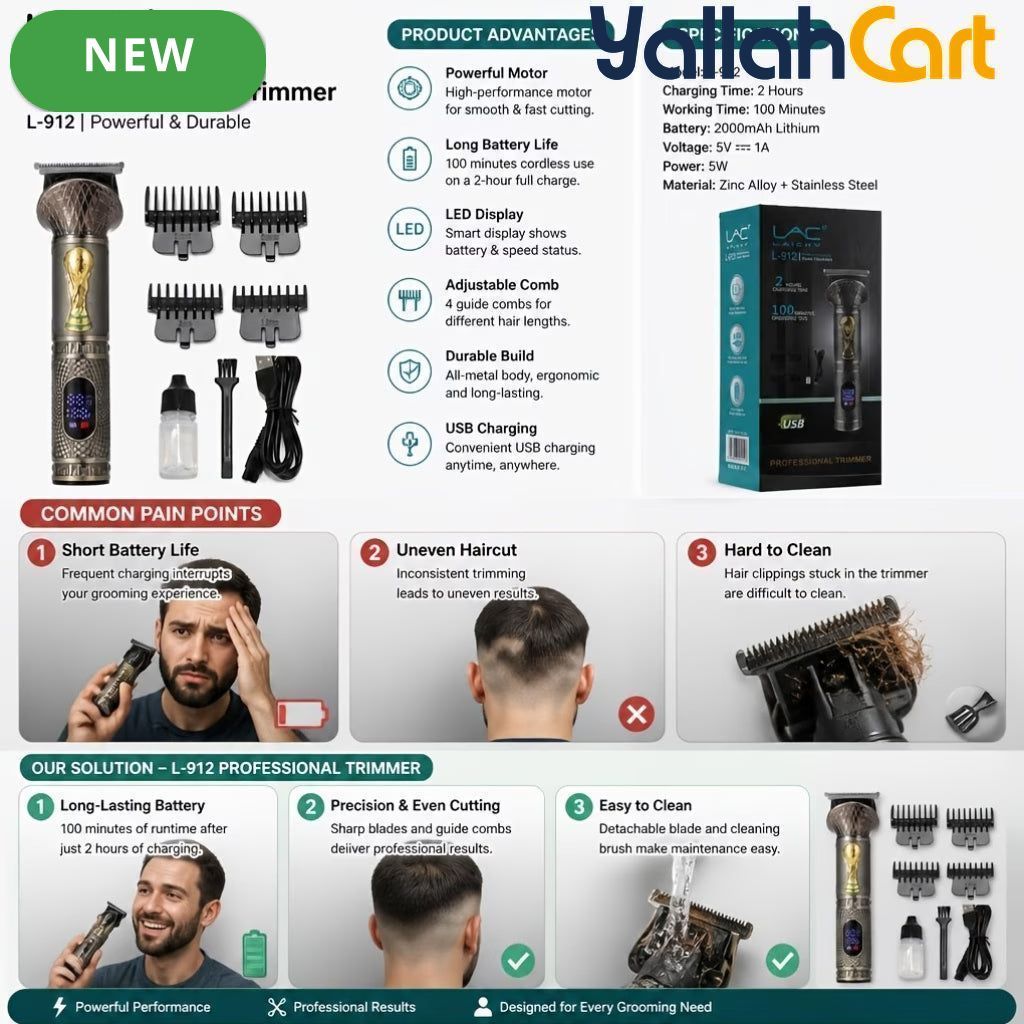 Golden Metal Embossed Cordless Hair Clipper USB Rechargeable LCD Display Trimmer Kit