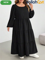 Plus Size Women’s Black Babydoll Maxi Dress – Casual Long Sleeve Fall Dress