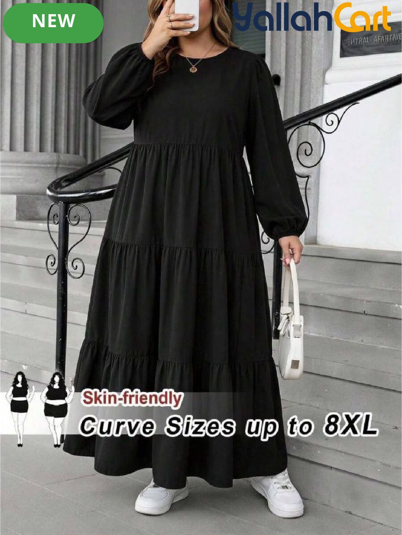 Plus Size Women’s Black Babydoll Maxi Dress – Casual Long Sleeve Fall Dress