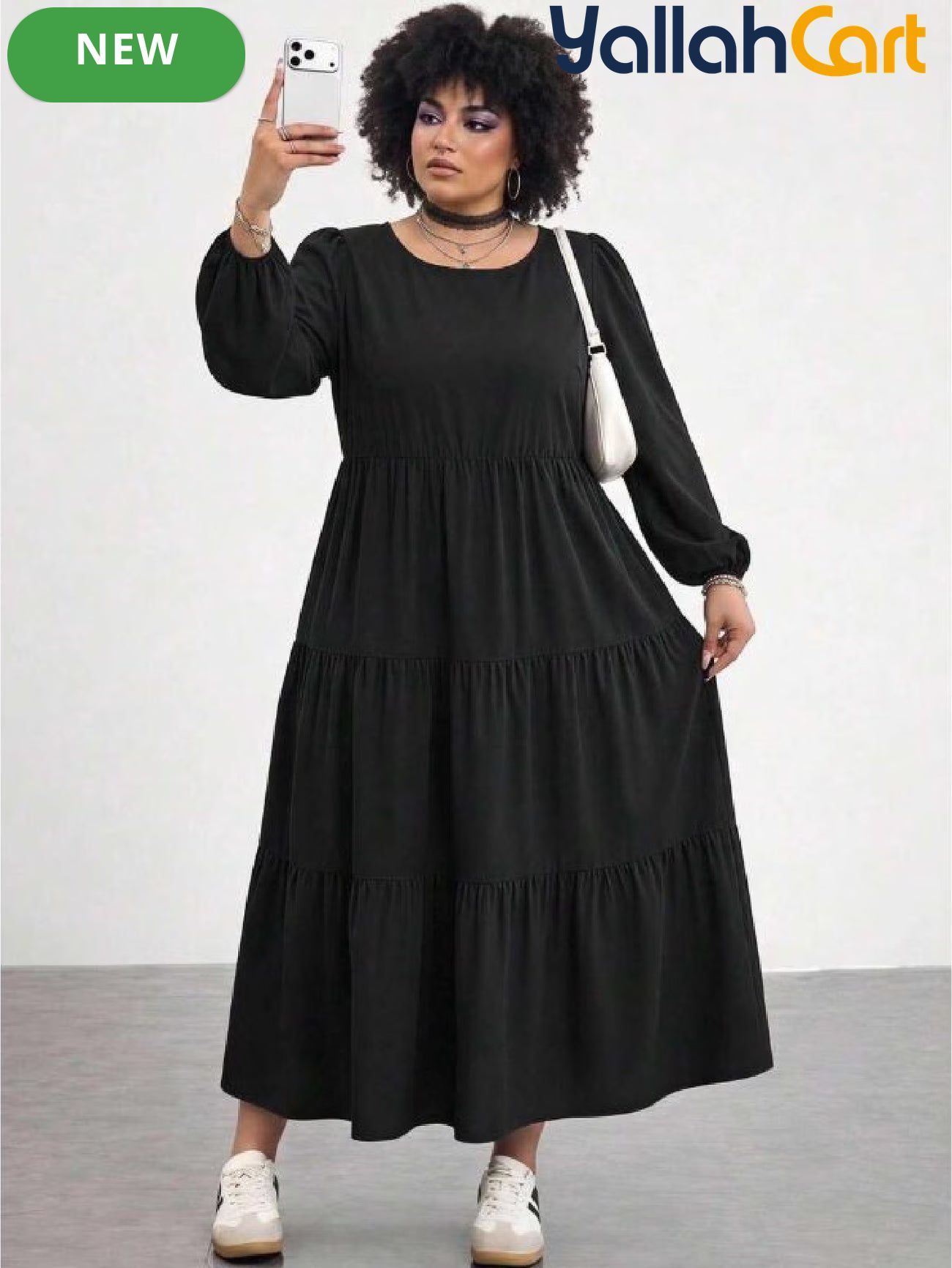 Plus Size Women’s Black Babydoll Maxi Dress – Casual Long Sleeve Fall Dress