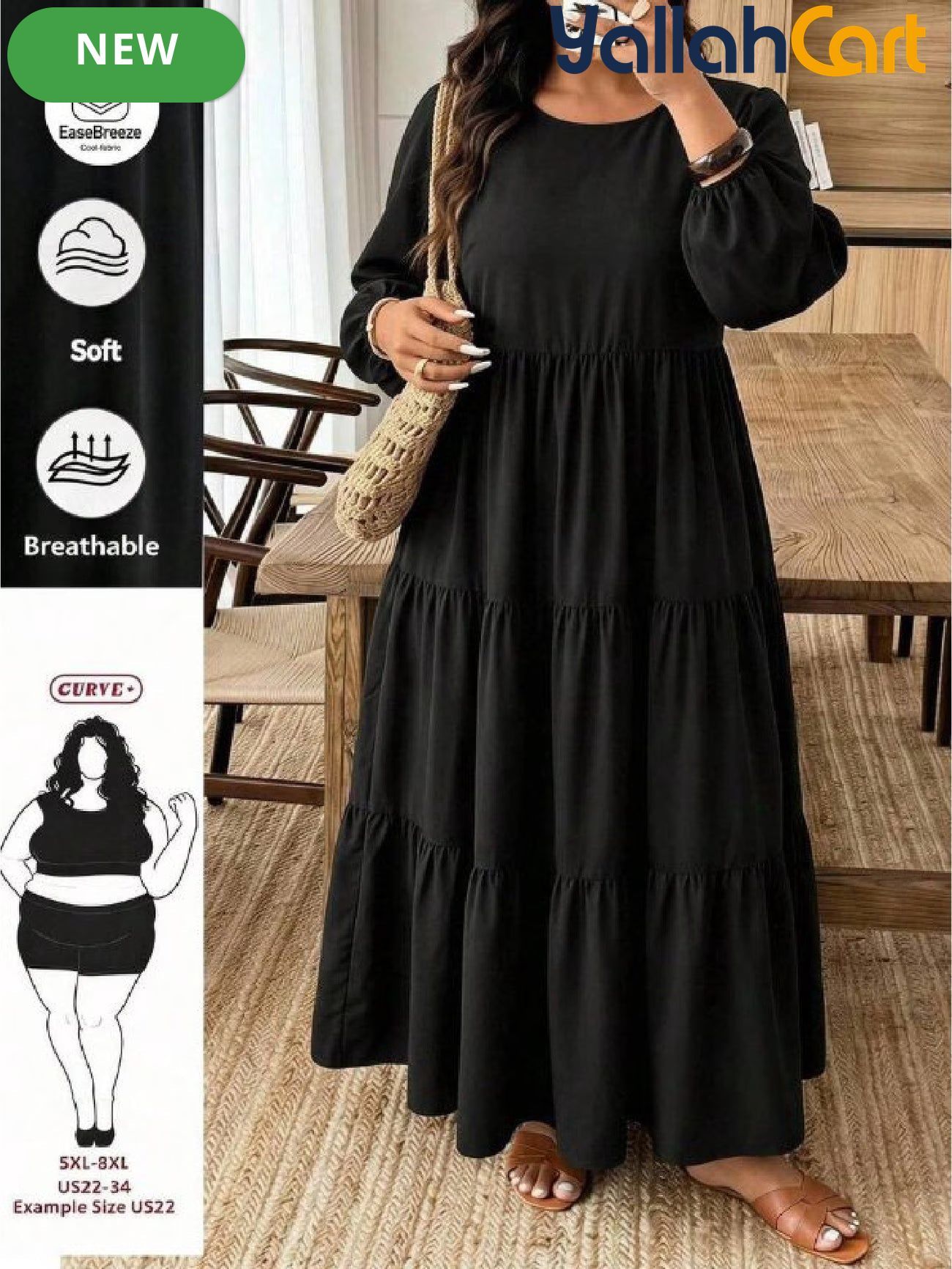 Plus Size Women’s Black Babydoll Maxi Dress – Casual Long Sleeve Fall Dress