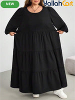 Plus Size Women’s Black Babydoll Maxi Dress – Casual Long Sleeve Fall Dress