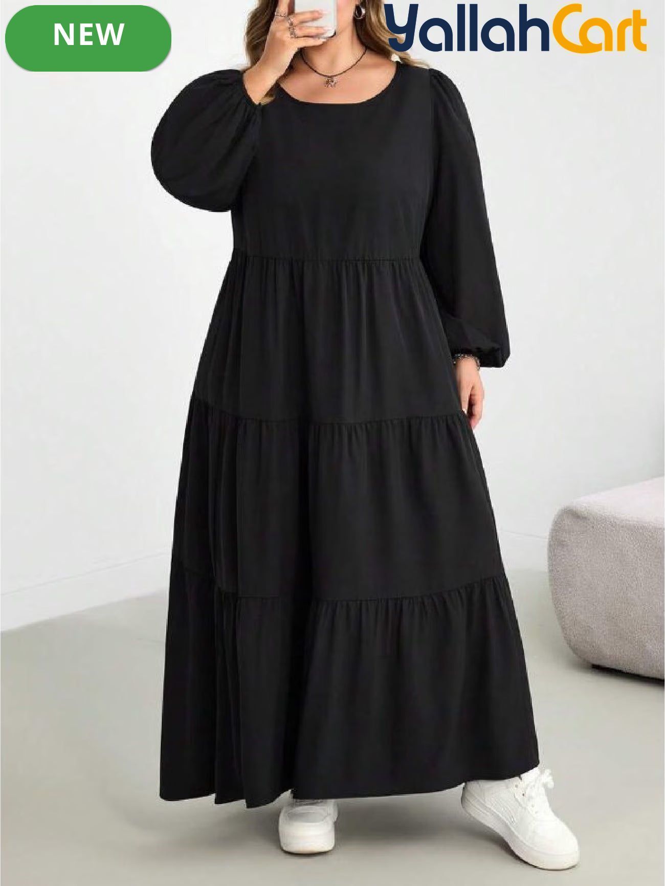 Plus Size Women’s Black Babydoll Maxi Dress – Casual Long Sleeve Fall Dress