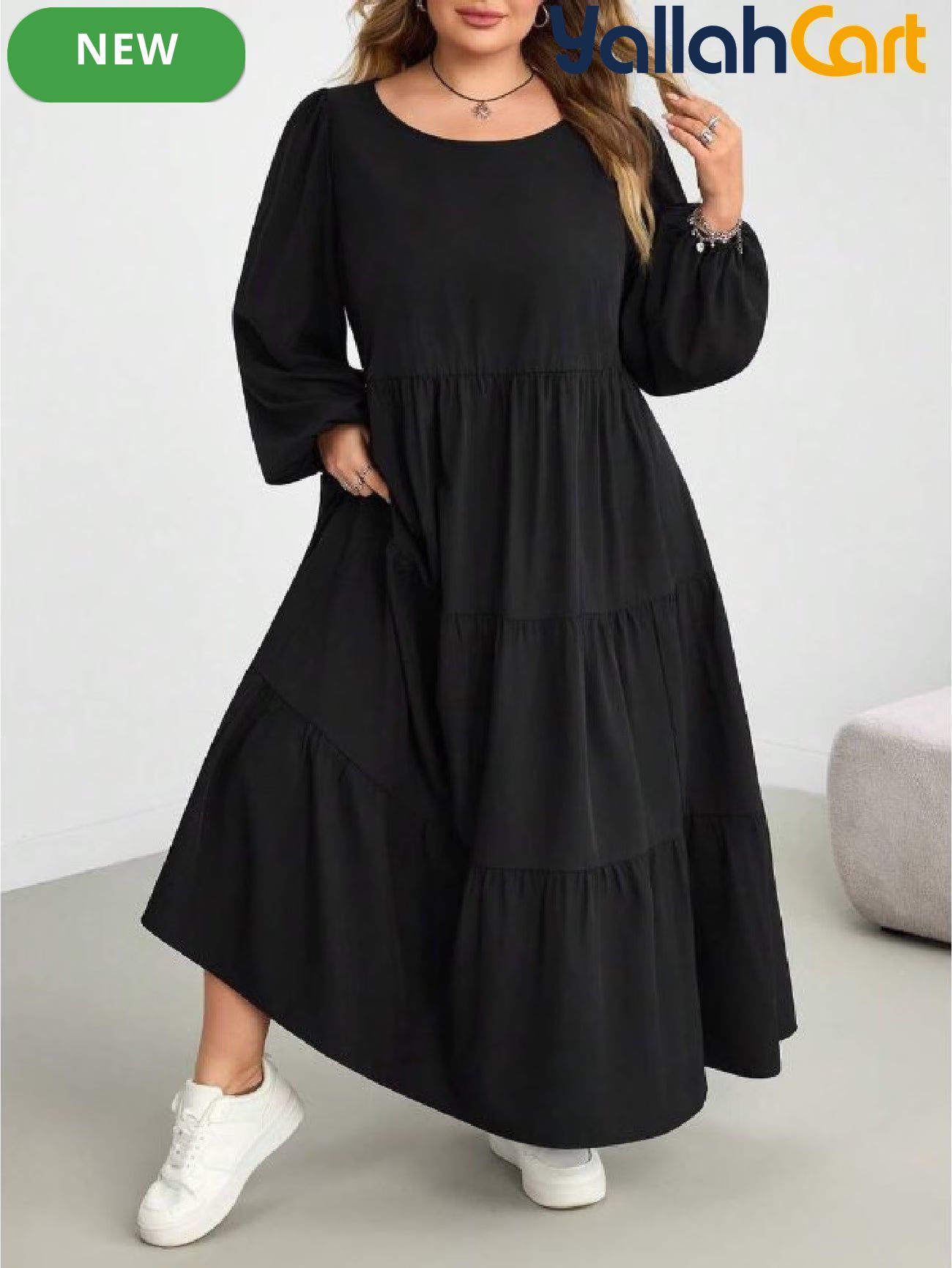 Plus Size Women’s Black Babydoll Maxi Dress – Casual Long Sleeve Fall Dress