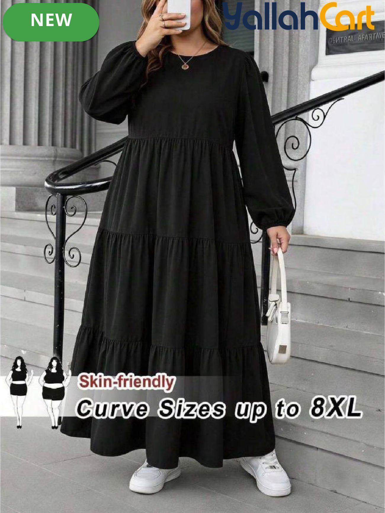 Plus Size Women’s Black Babydoll Maxi Dress – Casual Long Sleeve Fall Dress