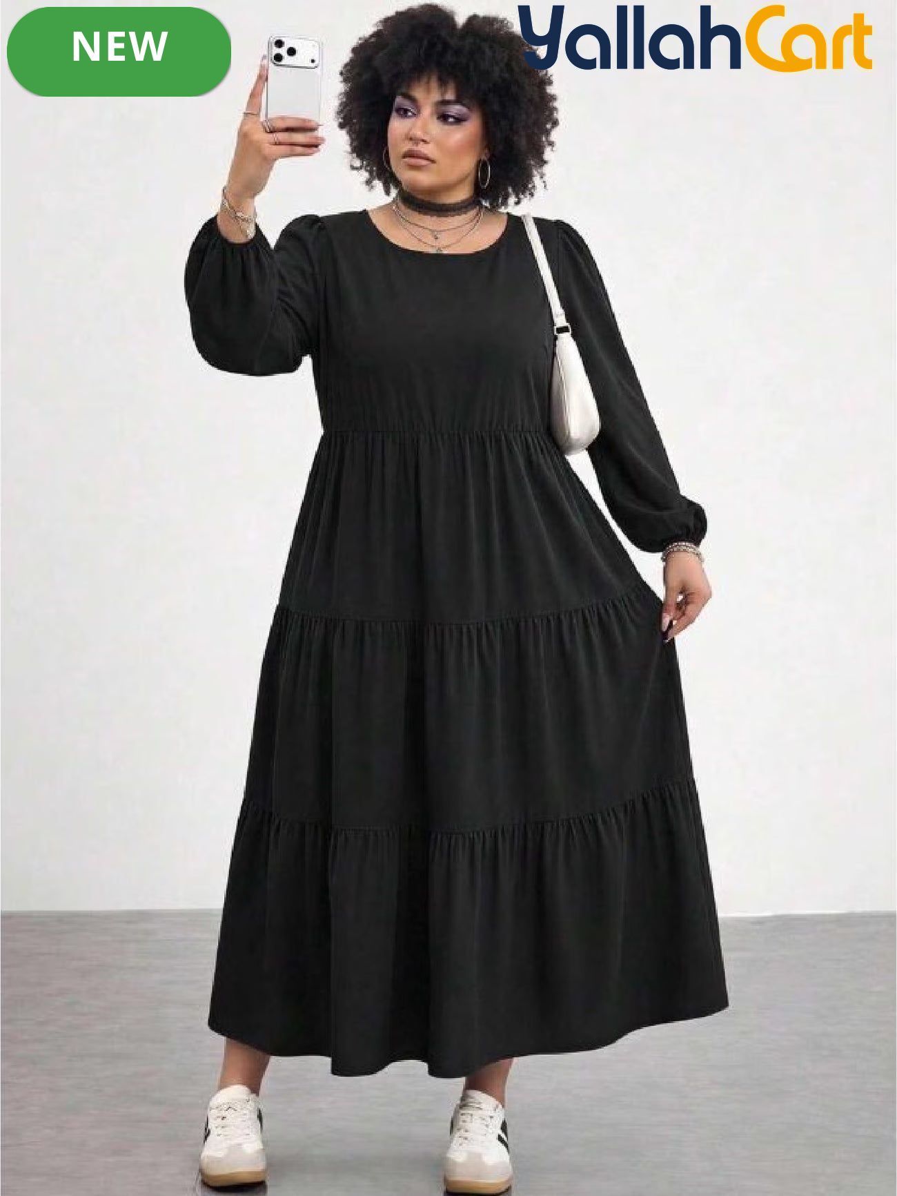 Plus Size Women’s Black Babydoll Maxi Dress – Casual Long Sleeve Fall Dress