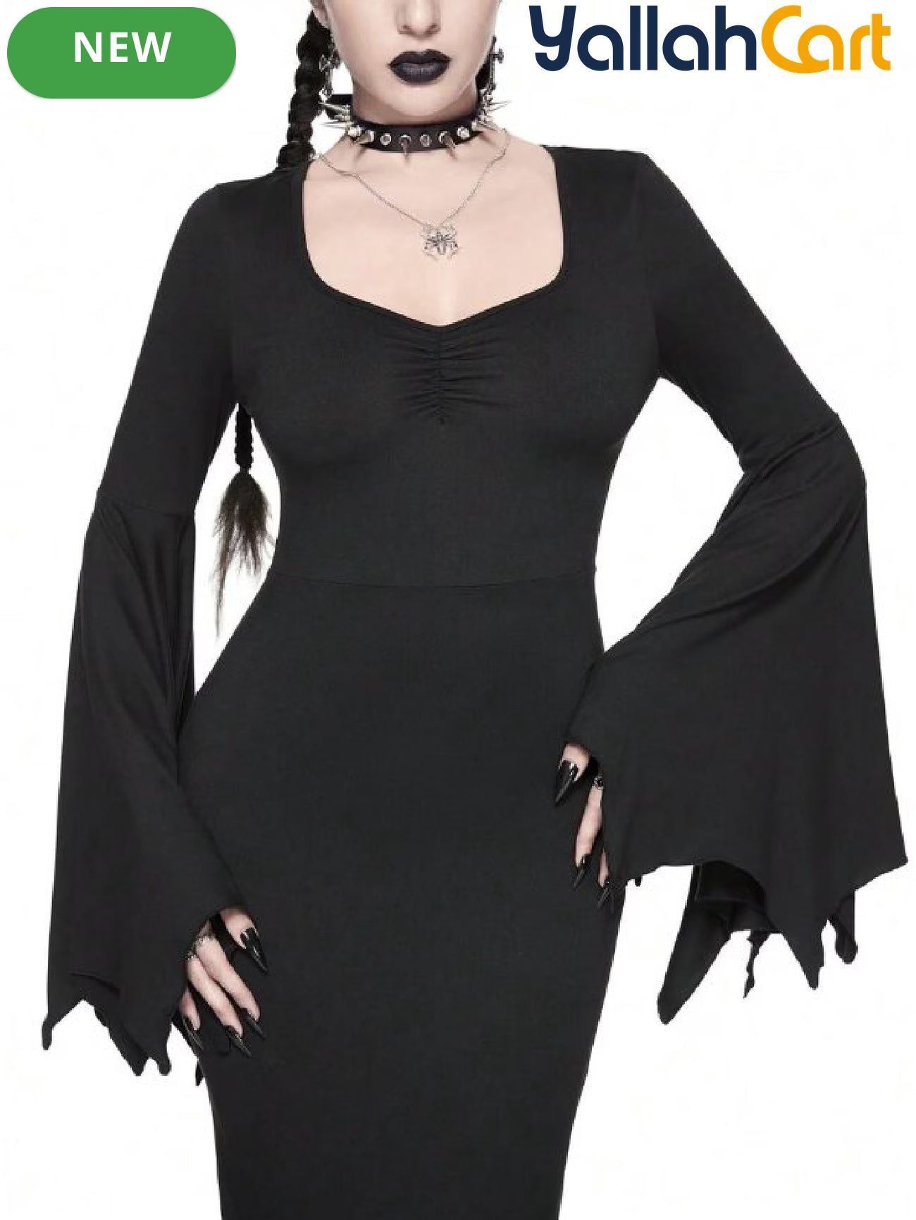 Gothic Black Women’s Dress with Whale Tail Waist & Heart Neckline – Halloween Style