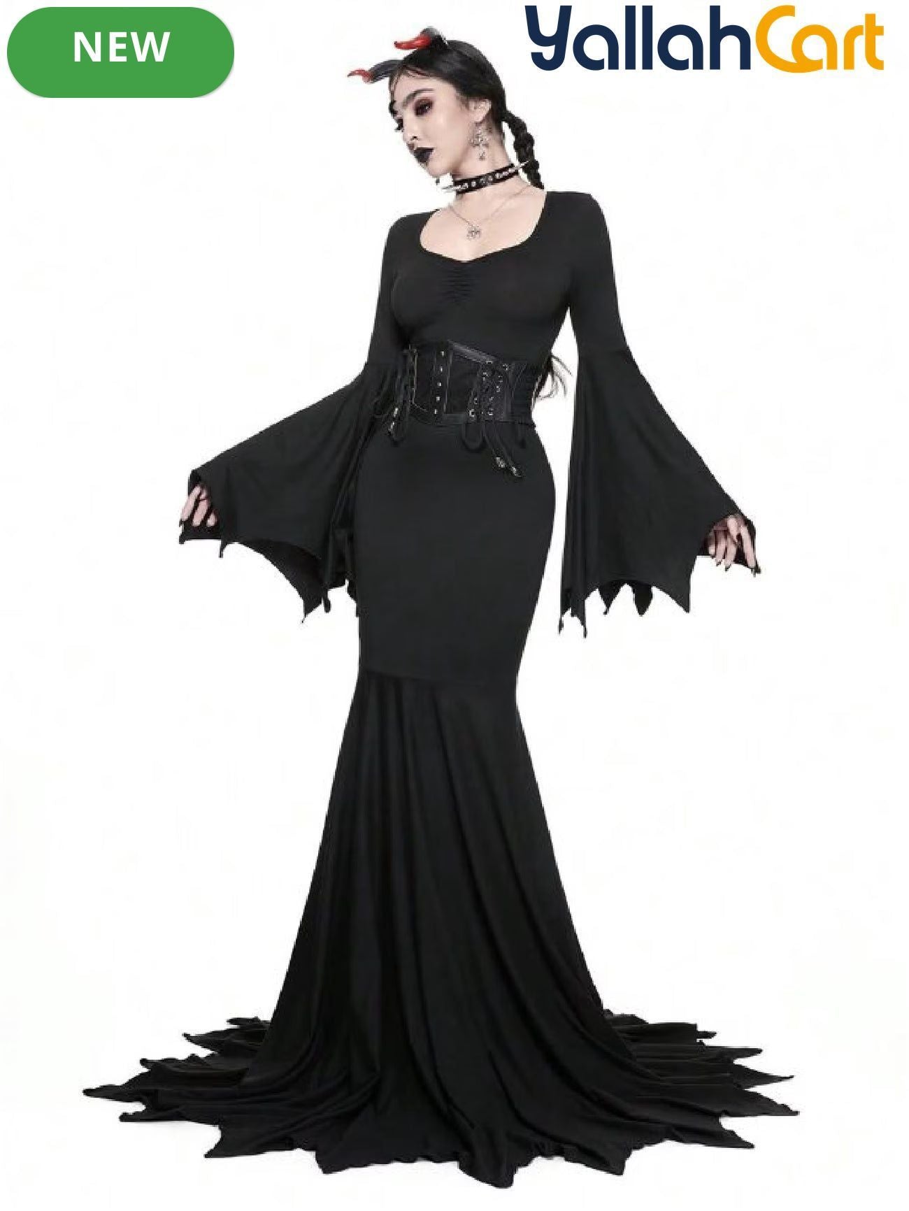 Gothic Black Women’s Dress with Whale Tail Waist & Heart Neckline – Halloween Style