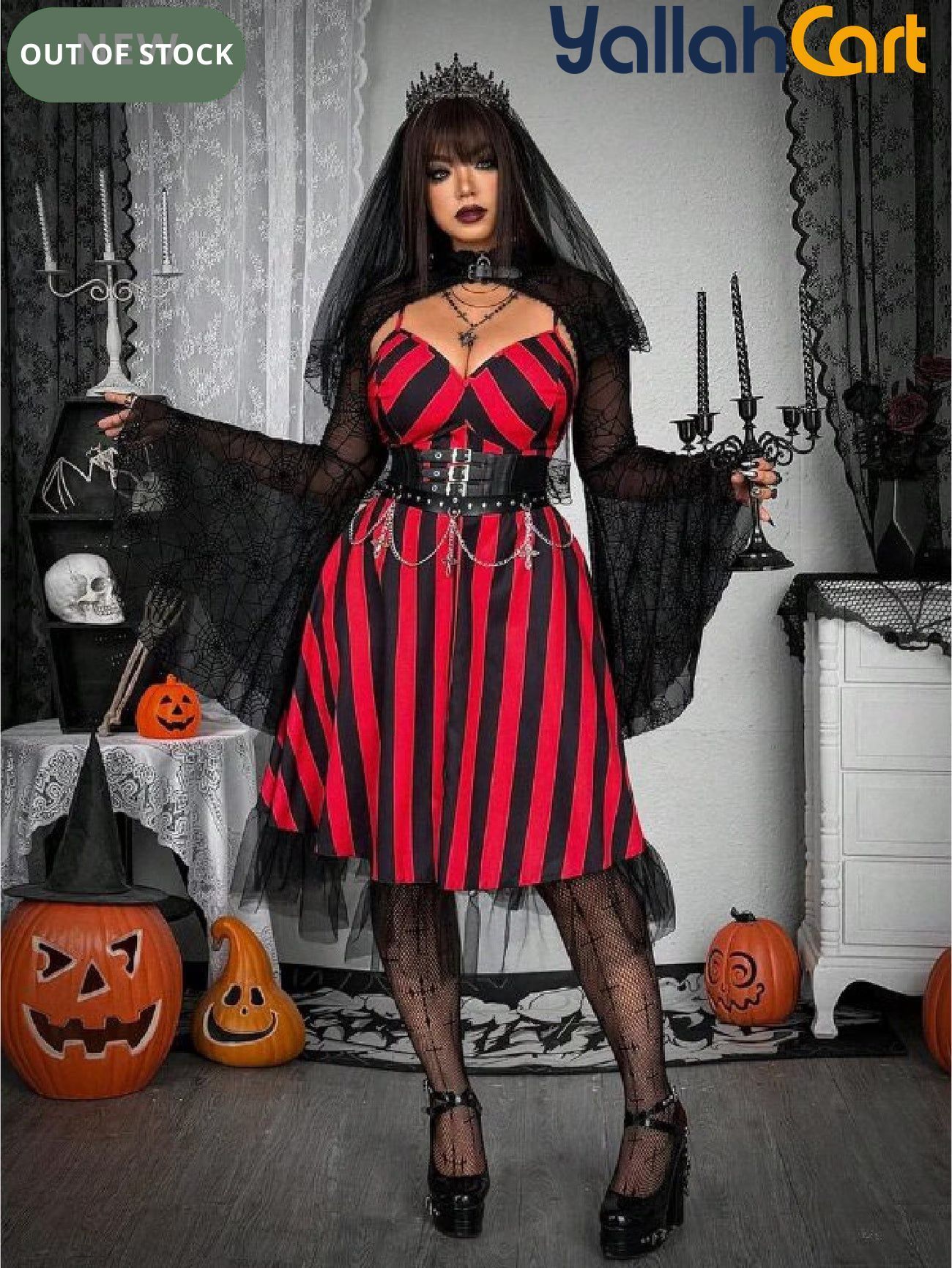 Plus Size Women’s V-Neck Striped Slip Dress – Red & Black Grunge Punk Style