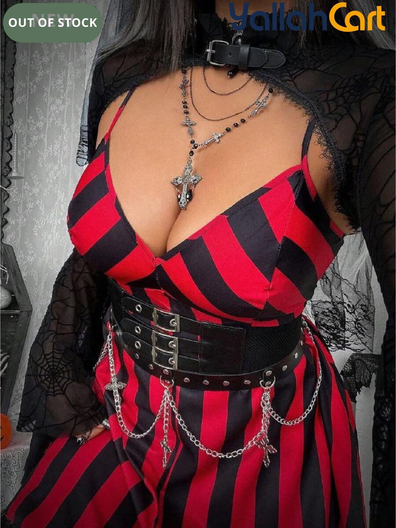 Plus Size Women’s V-Neck Striped Slip Dress – Red & Black Grunge Punk Style