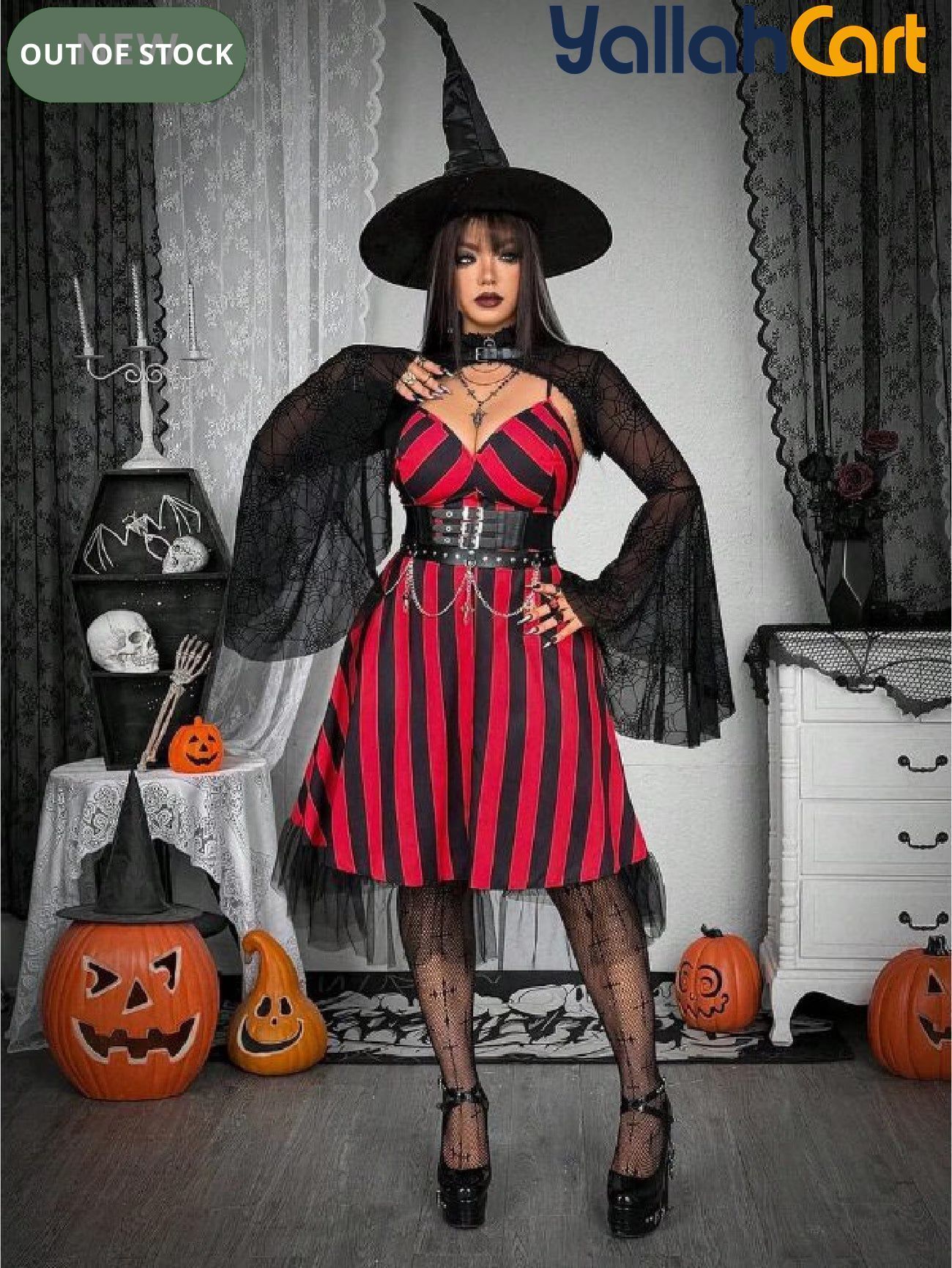 Plus Size Women’s V-Neck Striped Slip Dress – Red & Black Grunge Punk Style