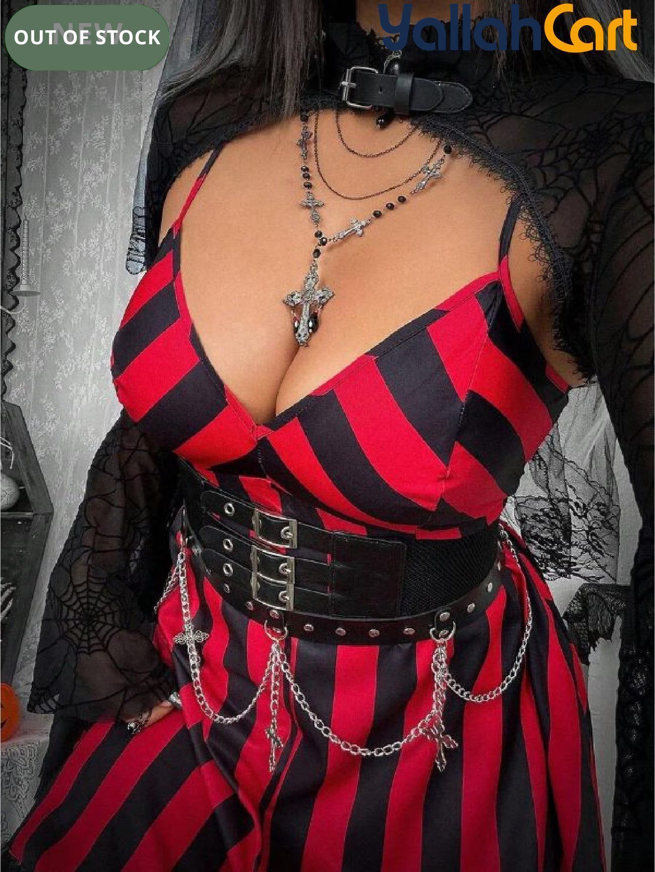 Plus Size Women’s V-Neck Striped Slip Dress – Red & Black Grunge Punk Style
