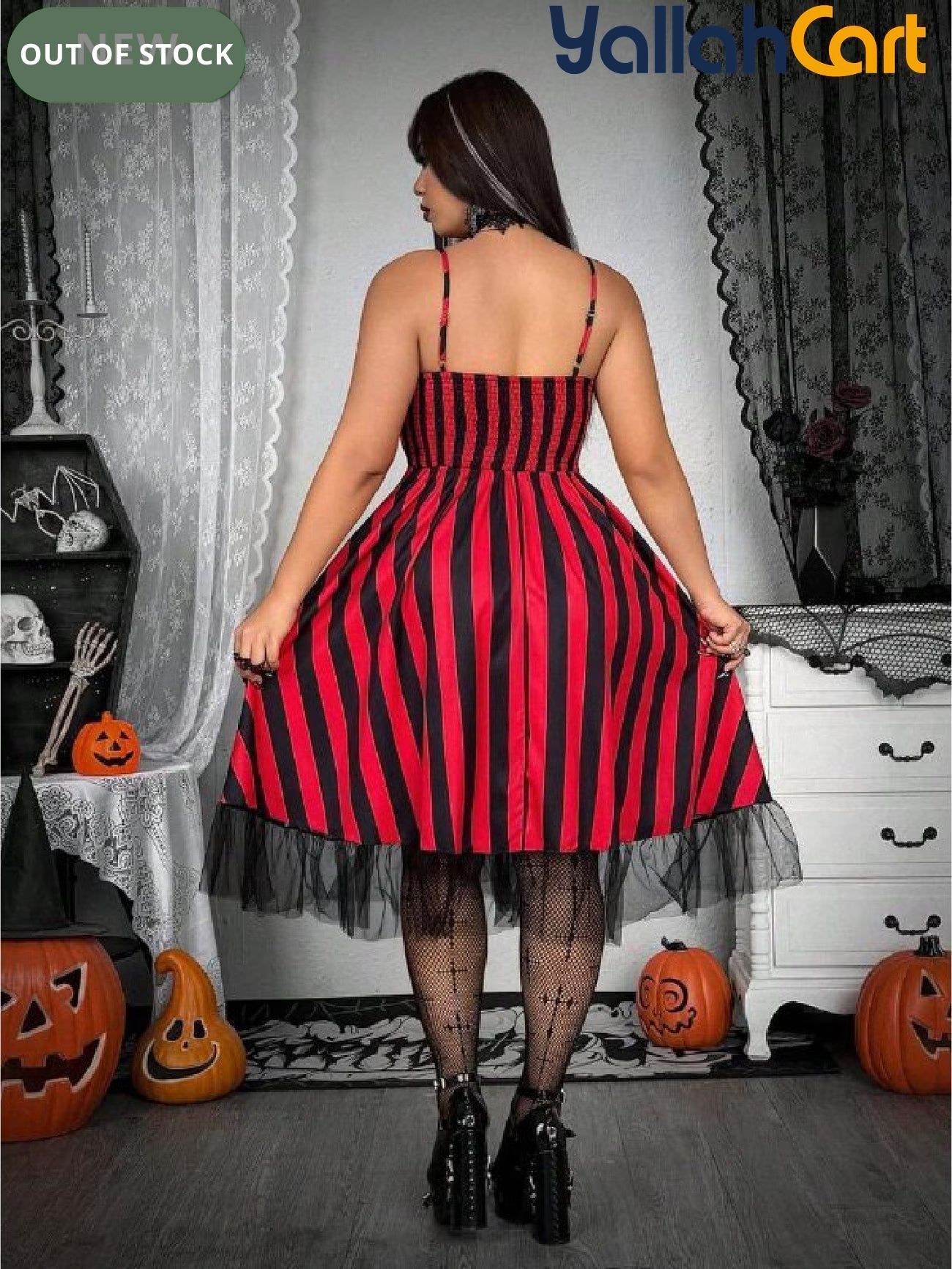 Plus Size Women’s V-Neck Striped Slip Dress – Red & Black Grunge Punk Style