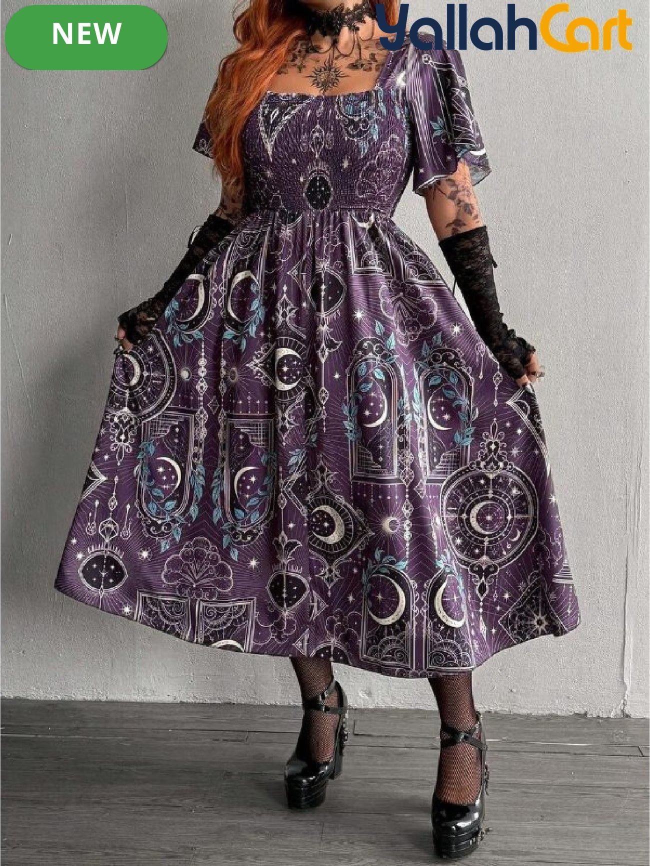 Women's Gothic Spider Web Print Halloween Dress – Punk Style, Slim Fit, High Waist
