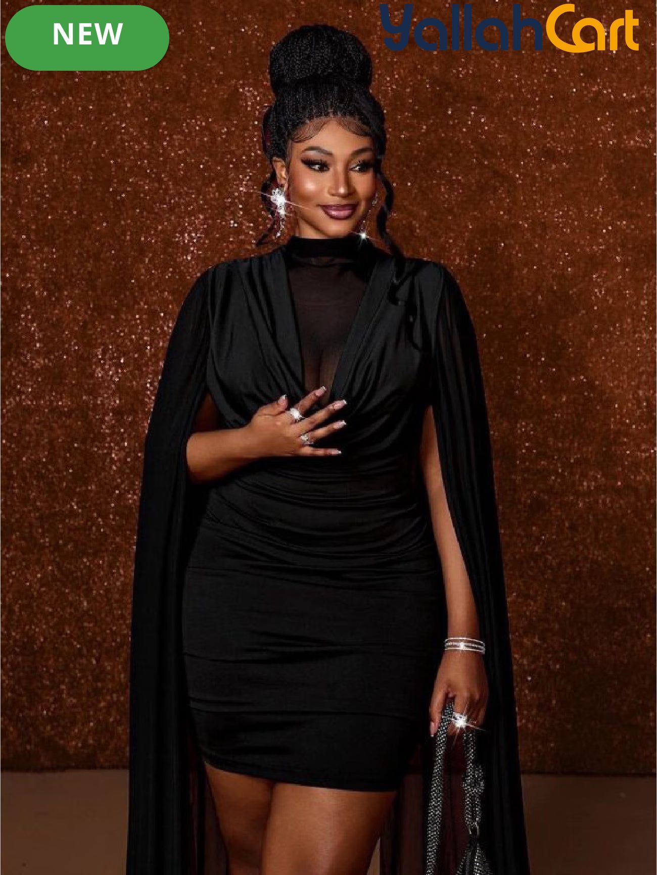 Plus Size - Women'S Plus Size Black Bodycon Dress, Sexy And Vintage Design with Plunging Neckline, Sheer Mesh And Matching Cut, Long Sleeve Asymmetrical Mesh Design, Sweet And Sexy Style, Romantic Vintage, Suitable for Birthday Party