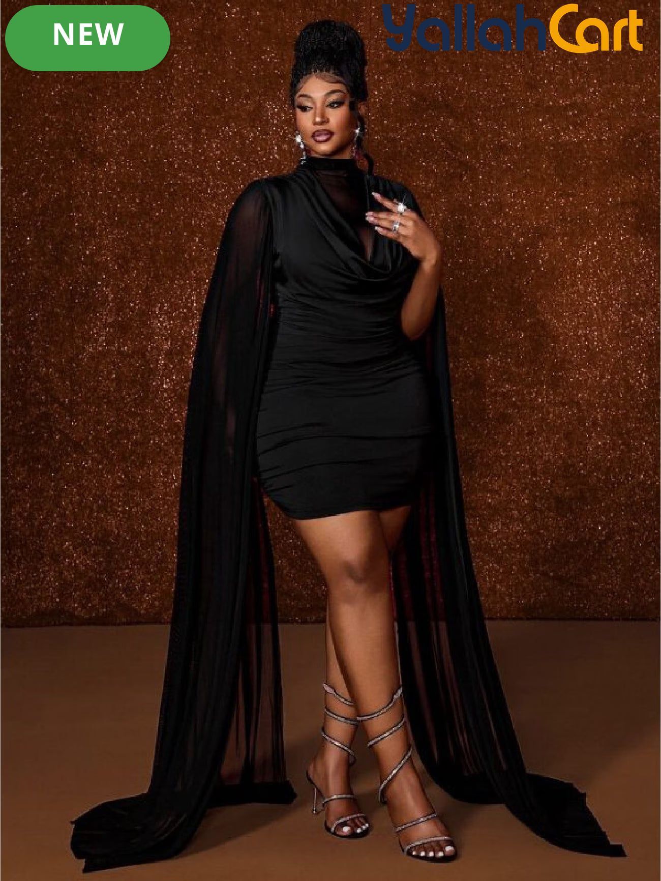 Plus Size - Women'S Plus Size Black Bodycon Dress, Sexy And Vintage Design with Plunging Neckline, Sheer Mesh And Matching Cut, Long Sleeve Asymmetrical Mesh Design, Sweet And Sexy Style, Romantic Vintage, Suitable for Birthday Party