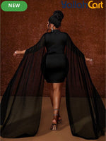 Plus Size - Women'S Plus Size Black Bodycon Dress, Sexy And Vintage Design with Plunging Neckline, Sheer Mesh And Matching Cut, Long Sleeve Asymmetrical Mesh Design, Sweet And Sexy Style, Romantic Vintage, Suitable for Birthday Party