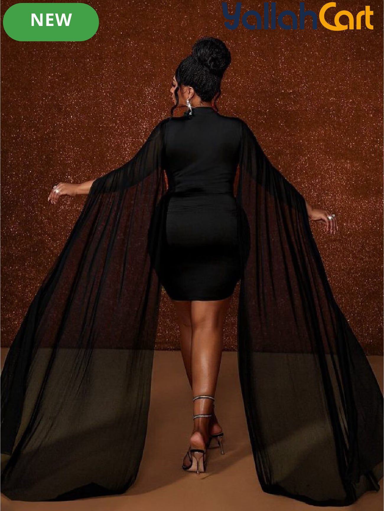 Plus Size - Women'S Plus Size Black Bodycon Dress, Sexy And Vintage Design with Plunging Neckline, Sheer Mesh And Matching Cut, Long Sleeve Asymmetrical Mesh Design, Sweet And Sexy Style, Romantic Vintage, Suitable for Birthday Party