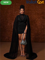 Plus Size - Women'S Plus Size Black Bodycon Dress, Sexy And Vintage Design with Plunging Neckline, Sheer Mesh And Matching Cut, Long Sleeve Asymmetrical Mesh Design, Sweet And Sexy Style, Romantic Vintage, Suitable for Birthday Party