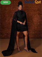 Plus Size - Women'S Plus Size Black Bodycon Dress, Sexy And Vintage Design with Plunging Neckline, Sheer Mesh And Matching Cut, Long Sleeve Asymmetrical Mesh Design, Sweet And Sexy Style, Romantic Vintage, Suitable for Birthday Party