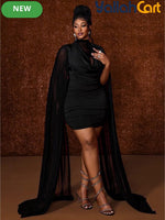 Plus Size - Women'S Plus Size Black Bodycon Dress, Sexy And Vintage Design with Plunging Neckline, Sheer Mesh And Matching Cut, Long Sleeve Asymmetrical Mesh Design, Sweet And Sexy Style, Romantic Vintage, Suitable for Birthday Party