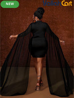 Plus Size - Women'S Plus Size Black Bodycon Dress, Sexy And Vintage Design with Plunging Neckline, Sheer Mesh And Matching Cut, Long Sleeve Asymmetrical Mesh Design, Sweet And Sexy Style, Romantic Vintage, Suitable for Birthday Party
